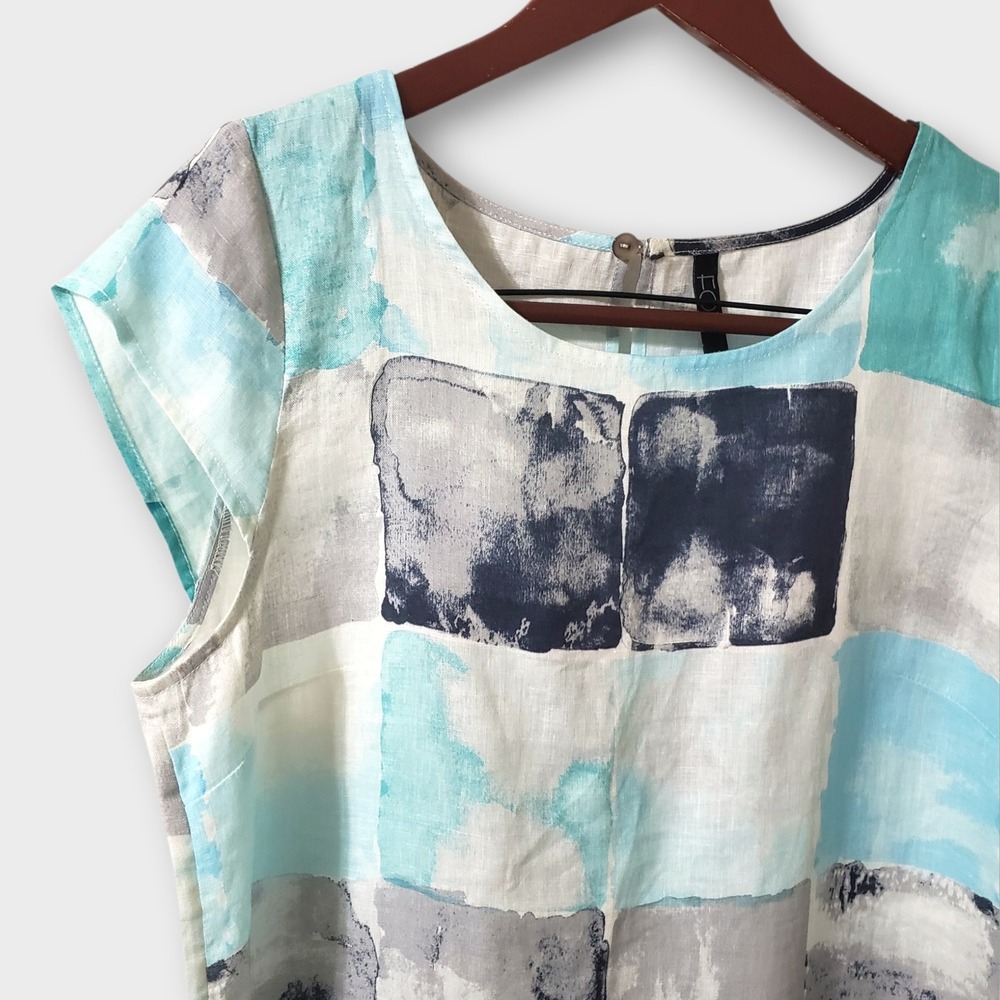 FOIL 100% Linen Abstract Block Print Shift Dress Blue Pom Pom Hem Sz 14 - Picture 2 of 11